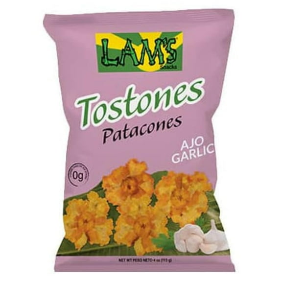 Lam's Tostones Garlic, No Trans Fat, Gluten Free, 20 x 4 oz, Smashed Plantain Chunks, Thin and Crispy (Pack of 20, Garlic)