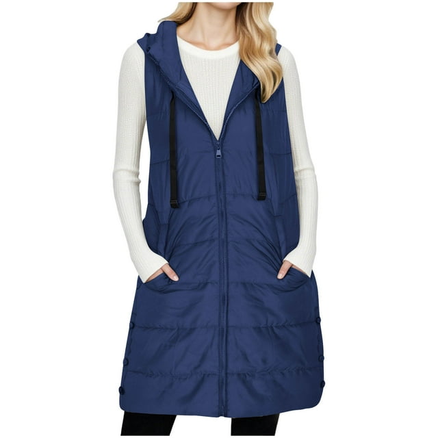 ZVNAH Manteau Long Matelassé Sans Manches à Capuche pour Femmes, Veste d'Hiver avec Poches
