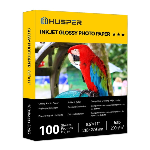 HUSPER Inkjet Glossy Photo Paper 100 Sheets 8.5x11 Inches 53lb Professional Photographic Paper Compatible with Dye Ink Printers 200GSM Instant Dry