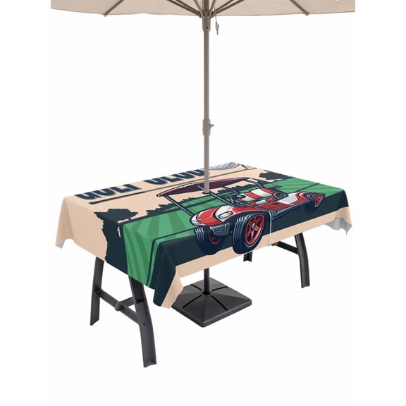 Outdoor Tablecloth with Umbrella Hole for Patio/Picnic/Party/Camping, Golf Waterproof Table Cloth Rectangle Table Cover Washable, Cartoon Chic Sports Country Trees Artwork (60"x 120")