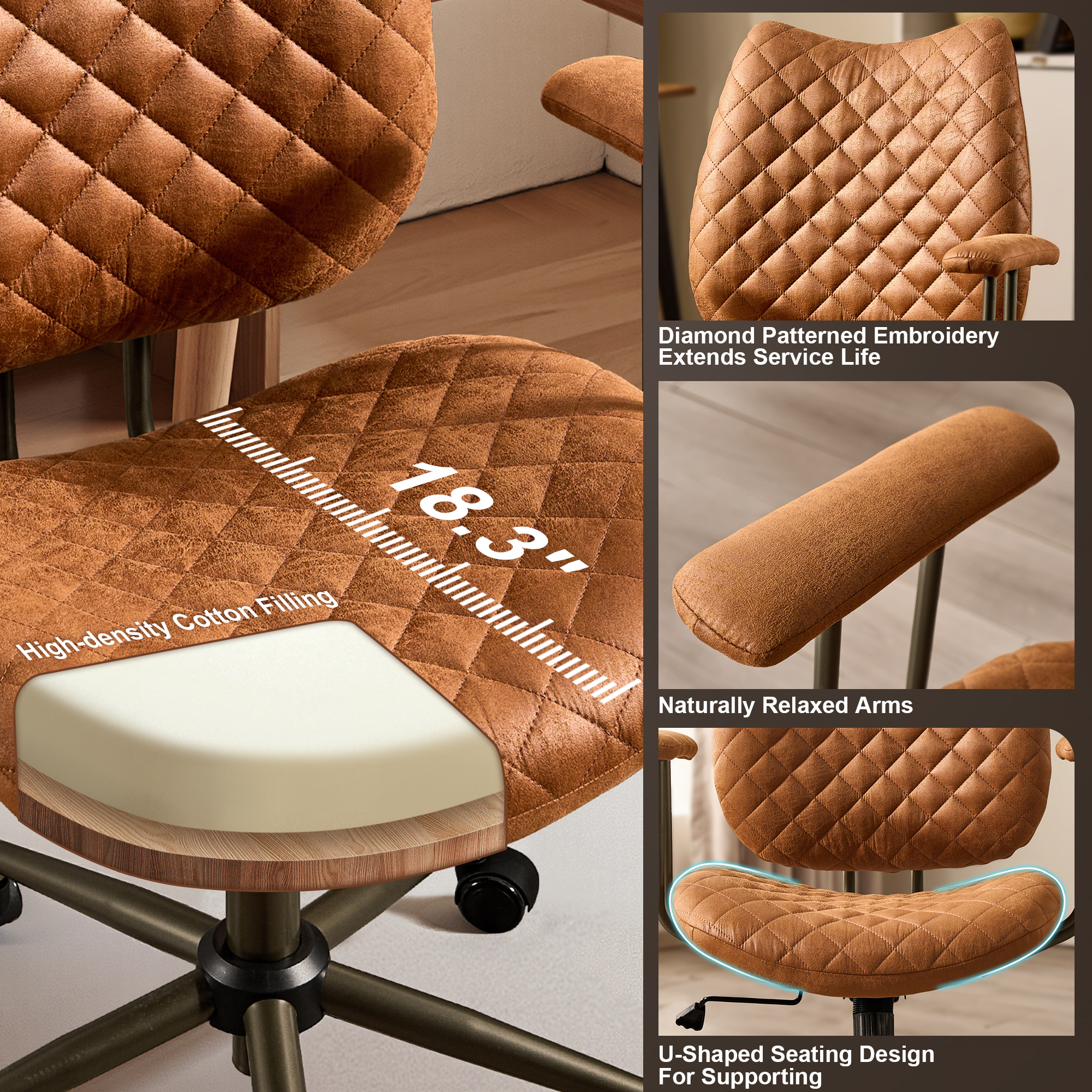 Toject Leather Office Chair, Mid Back Home Office Chair with Lumbar Support, Ergonomic Computer Chairs, Executive Desk Chairs with Thickened Cushions, Task Chairs for Office, Suede Leather, Brown