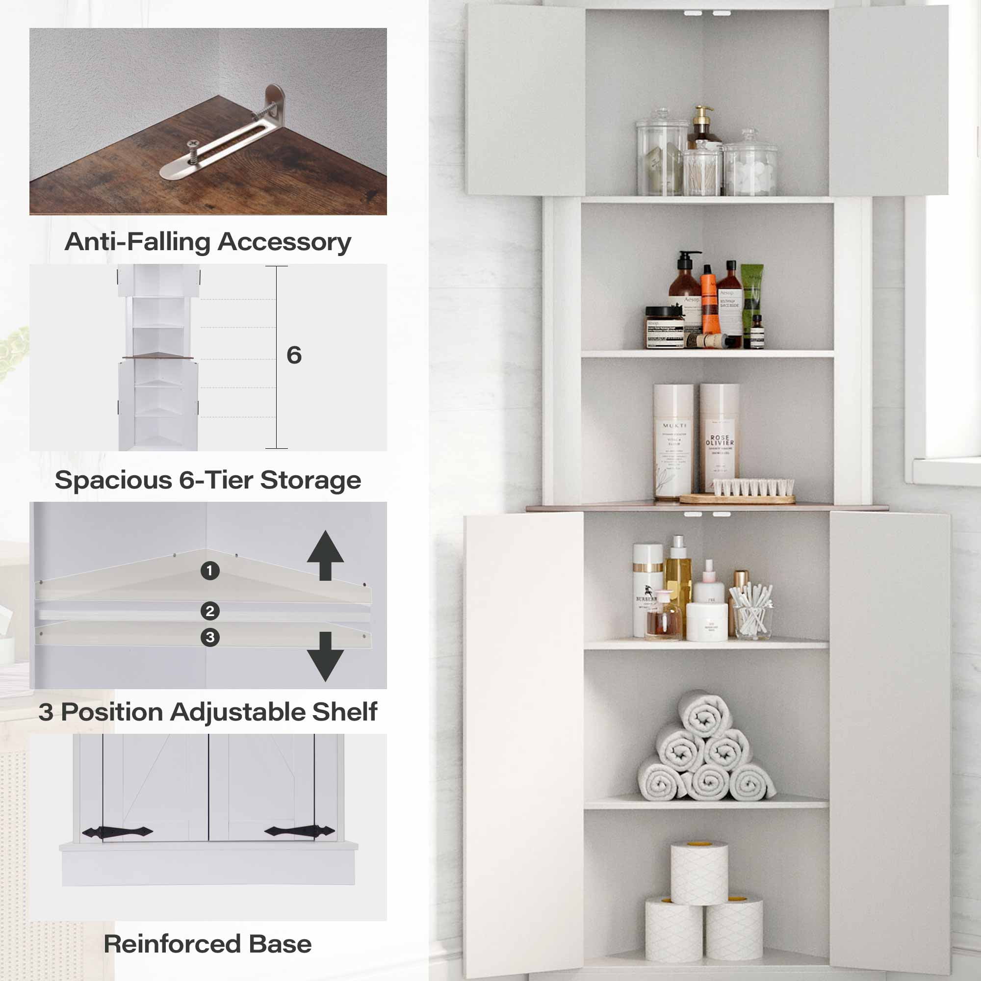 LAUSAINT HOME 67.7'' Tall Corner Cabinet, Corner Storage Cabinet with Barn Door Design & Adjustable Shelves, White