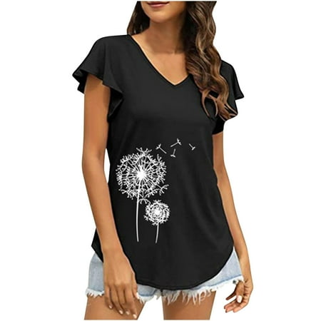 

Plus Size Tops for Women Womens Shirts Trendy Women Leisure Ruffles Short Sleeve Irregular V-Neck Printed Tops Blouse T Shirts Nursing Tank Tops Black Corset Top Clearance Black 2XL