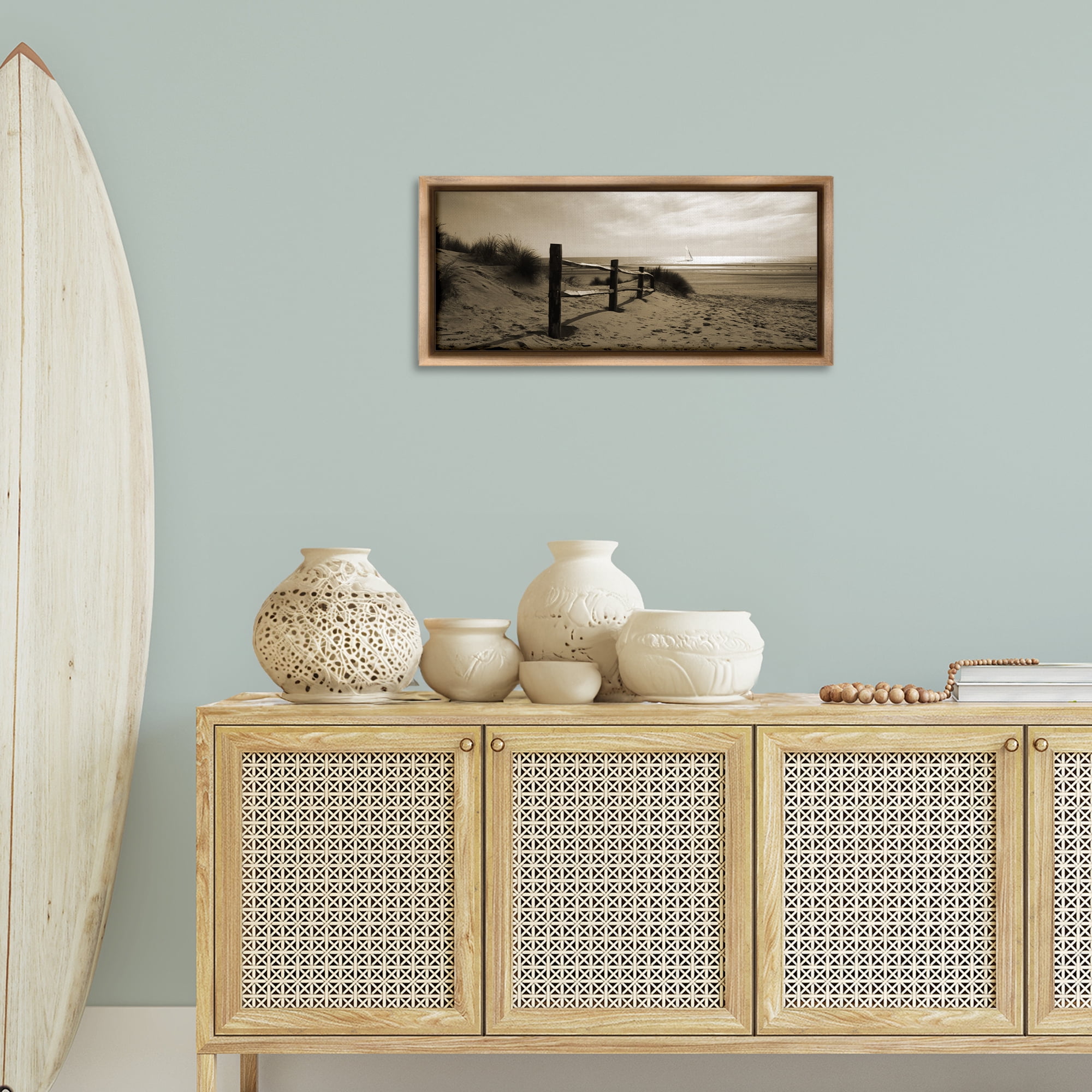 Stupell Industries Open Water Beach Landscape Photography Brown Floater Framed Canvas Art Print Wall Art, 31 x 14