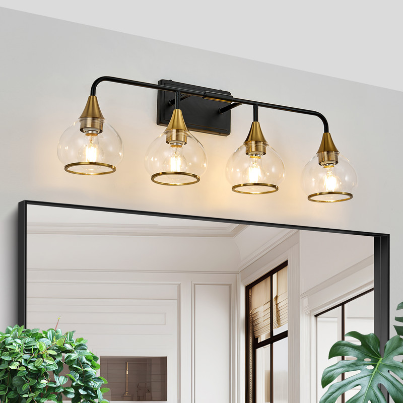 31" Modern Black and Gold 4-Light Bathroom Vanity Light Fixture, Clear Glass Shades Wall Sconce for Mirror, Living Room, or Vanity (Bulbs Not Included)