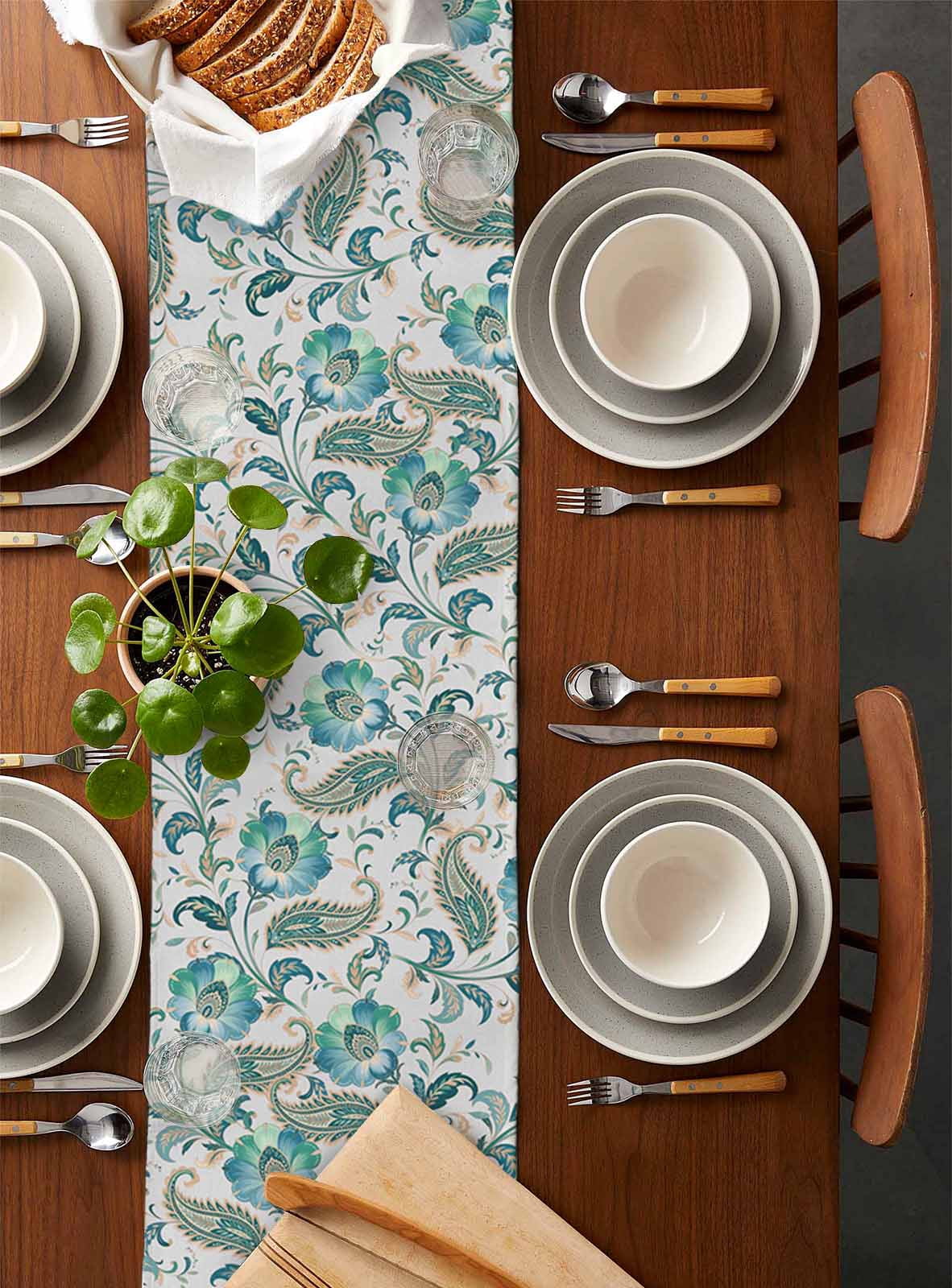 Teal Paisley Floral Table Runner 48 Inches, Boho Ethnic Tribe Traditional Bed Runner Dresser Scarves Tabletop for Indoor Outdoor Parties/Ceremony/Banquet, 13" x 48"
