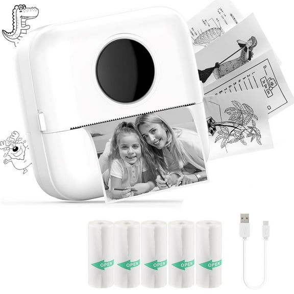 Mini Sticker Printer, Bluetooth Inkless Thermal Printer with 5 Rolls Thermal Paper, Thermal Image Photo Printers for Photo Journal Notes, Compatible with iOS and Android, Printer for Pictures, DIY, L