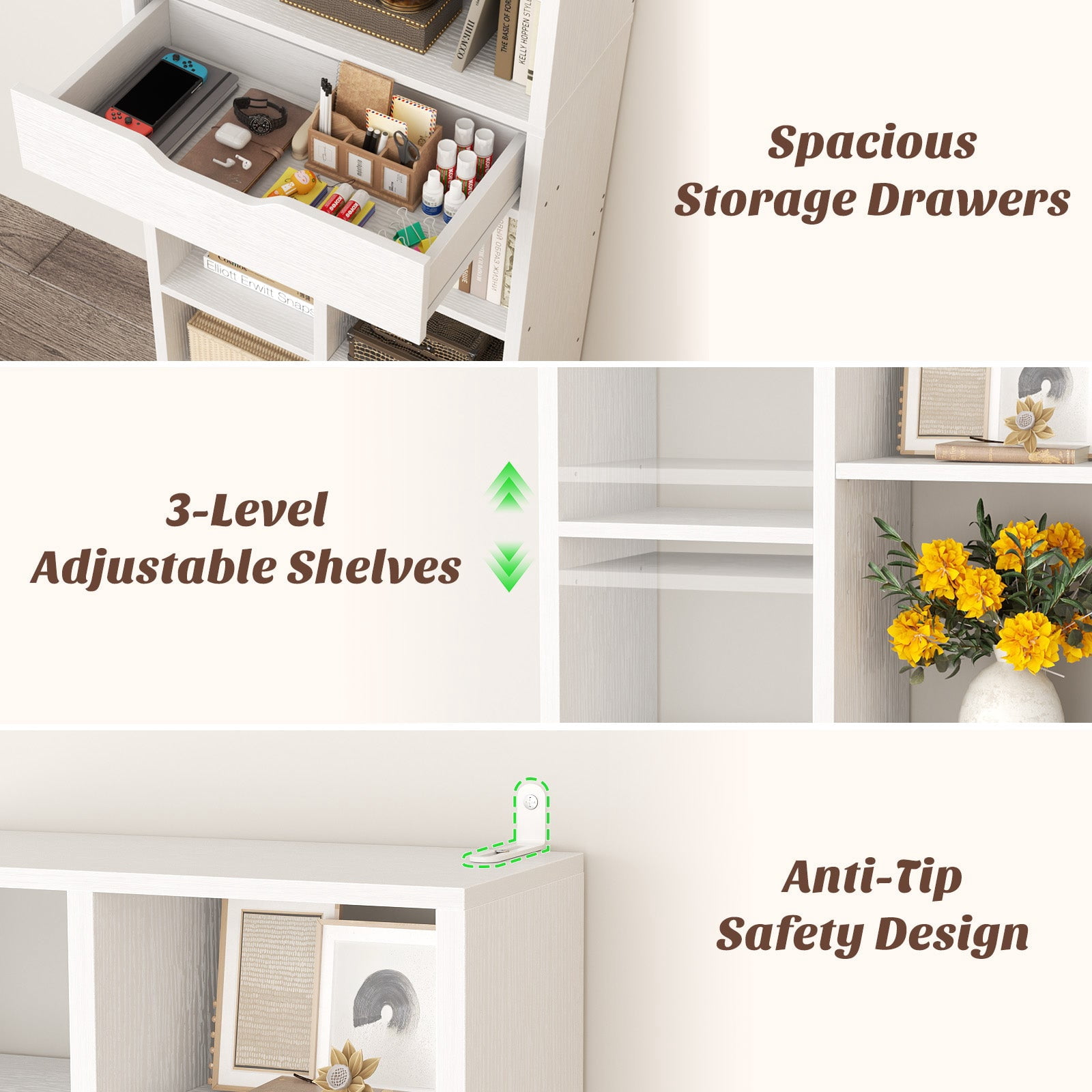 iSunirm 73.6'' Tall Cube Bookcase with Drawer, 10-Tier Bookshelves with Adjustable Shelves, 19.7 '' Width Display Shelf for Living Room, Home Office, White