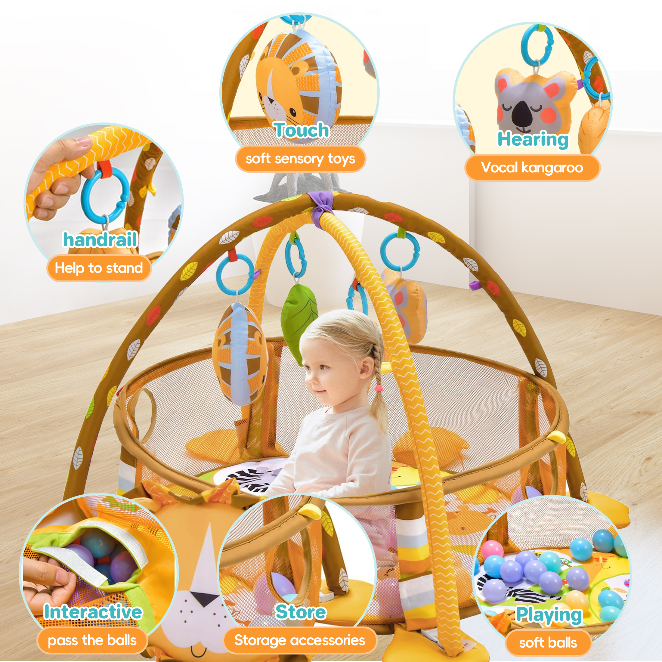 KOPPOP 3-in-1 Baby Play Gym with Ocean Ball Pit, Safari Theme photo 7
