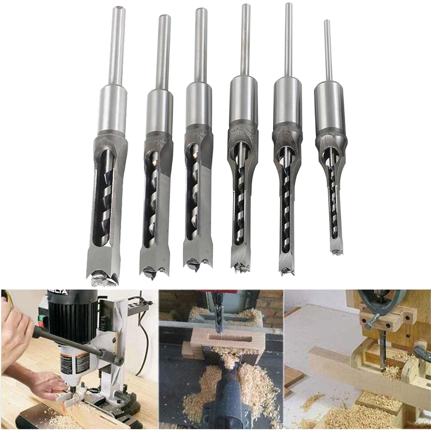 munirater 6PCS Square Hole Mortise Chisel Drill Bit Tools Woodworking Drill Bit Hole Cutter HSS