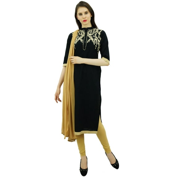 Atasi Women's Linen Straight Embroidered Black Salwar Suit Set Casual Dress-8