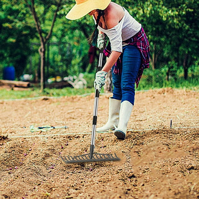 Rastrillo de jardín para hojas, rastrillo de césped con mango ajustable, limpieza de patio, desechos, patio, granja, rastrillo para aflojar el suelo,
