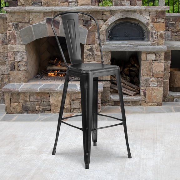 Emma Oliver 4 Pack 30" High Distressed Black Metal Indoor-Outdoor Barstool with Back