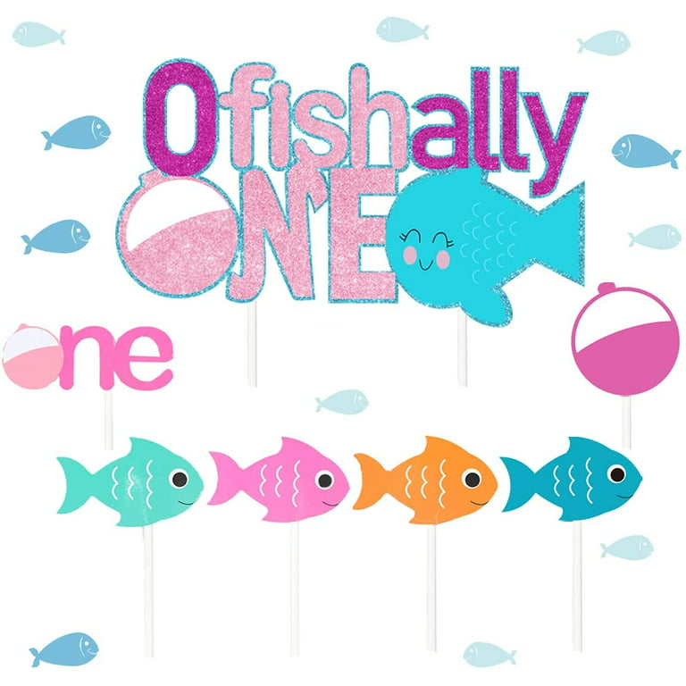 Ofishally One Cake Decorations 25 Pcs for Girls Pink - Gone Fishing Cake Topper for Fishing 1st Birthday Party Supplies, The Big One Birthday Theme