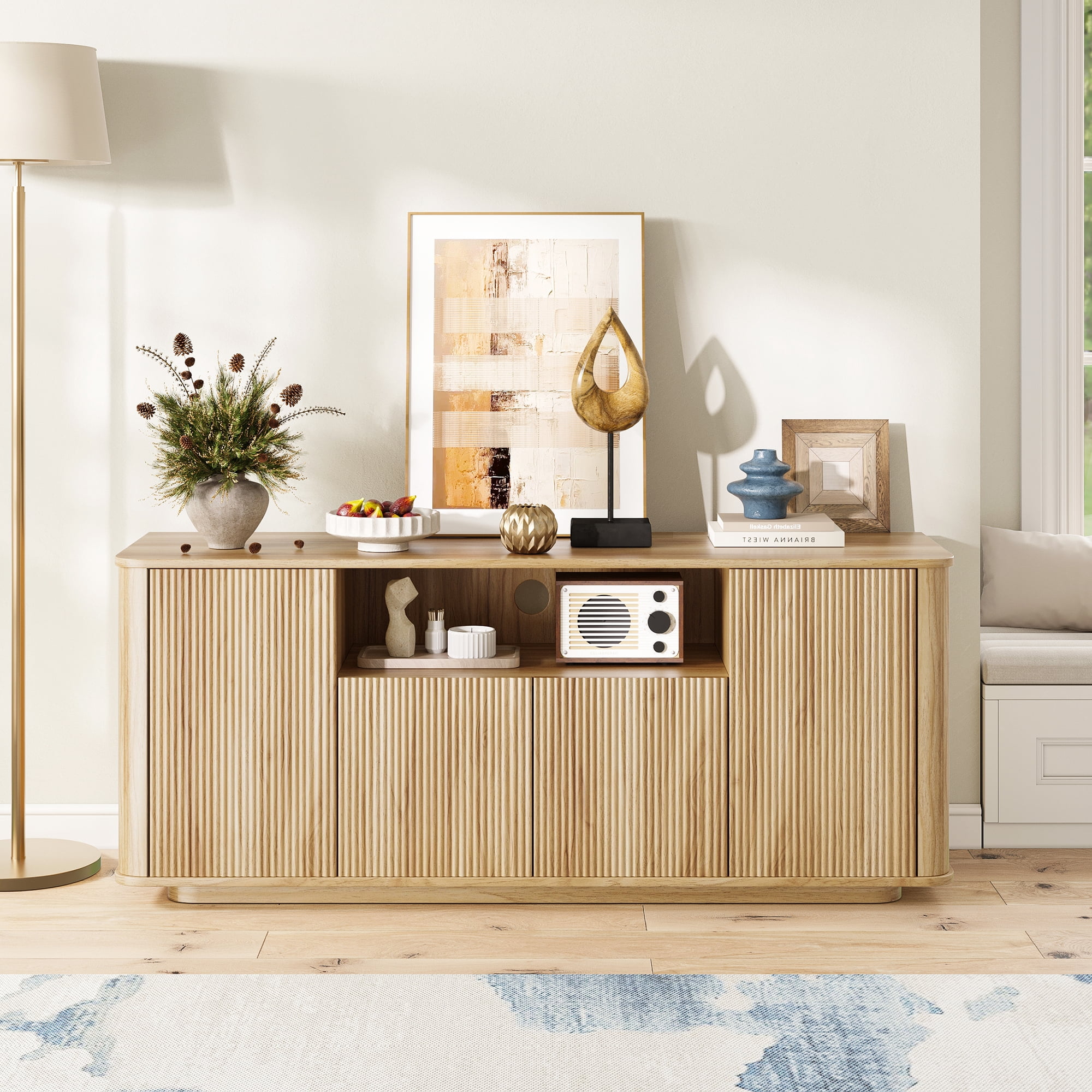 MARNUR Fluted TV Stand for TVs up to 65", 55" Modern Media Console with 3-Sided Fluted Design, Push-to-Open Doors for Living Room, Oak