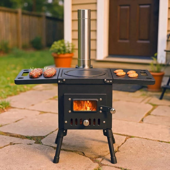 Demifill 57.5*31*37cm Wood Camping Stove, Camping Stove with Chimney for Outdoor Camping, Black