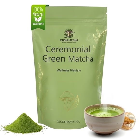 MushMatcha Brilliant Ceremonial Matcha Green Tea Powder Organic Gluten-Free Half Caffeine Ceremonial Grade 1 Count 100g
