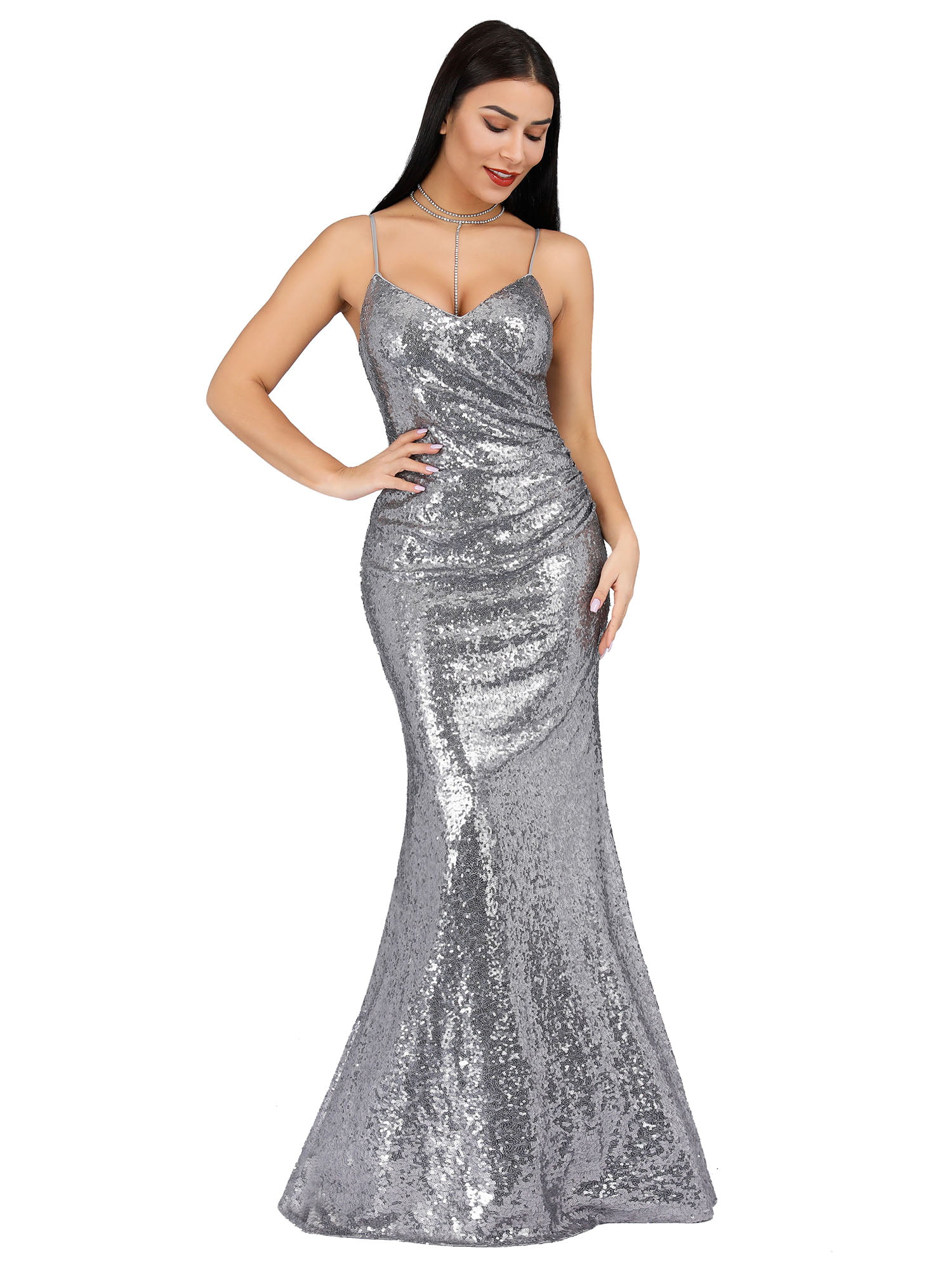 Ever-Pretty Long Strappy Sequins Deep V-neck Ball Prom Gowns Party Dresses 07339 