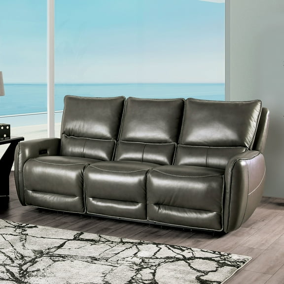 Furniture of America Larchvale Transitional Adult Leather Zero Gravity Power Reclining Sofa with USB Port, Gray