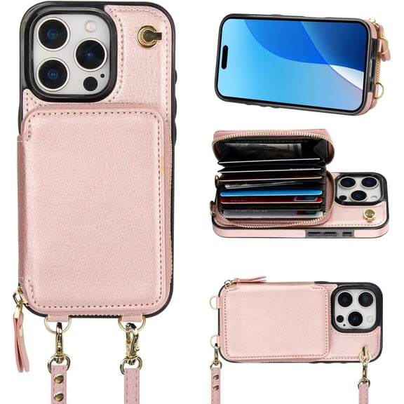 Crossbody Wallet Case for iPhone 16 Pro, RFID Blocking Leather Purse Case with Card Holder, Protective Handbag Flip Cover with Zipper Wrist Strap Lanyard for Women 5G 6.3 Inch (Rose Gold)