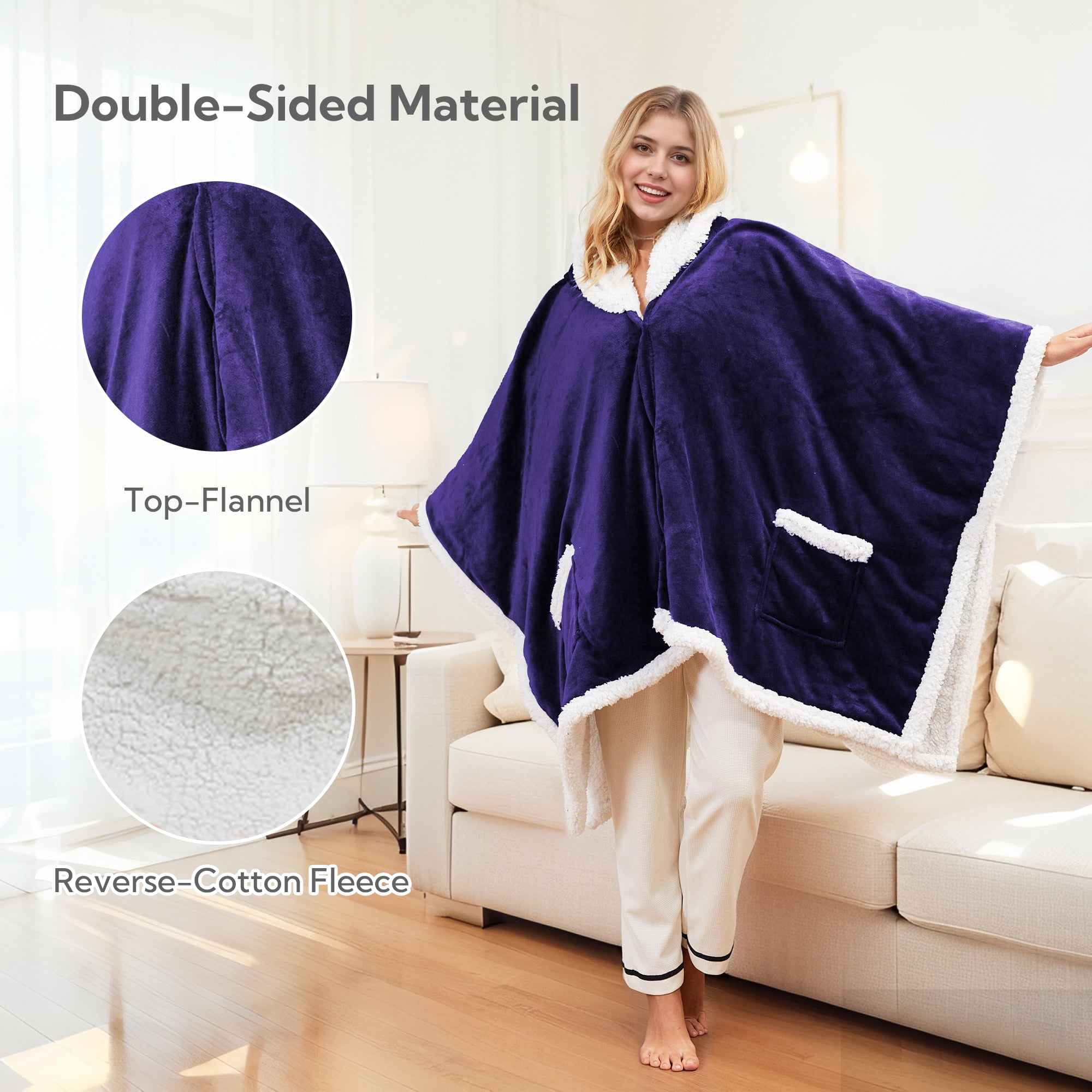 SUNNY HEAT Heated Electric Wearable Throw Blanket with Hood Pockets, 56"x63", Soft Flannel & Sherpa, 3H Auto Shut Off, Machine Washable, Purple