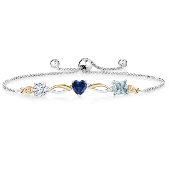 Gem Stone King 925 Silver and 10K Yellow Gold Blue Created Sapphire Aquamarine and Lab Grown Diamond Tennis Bracelet for Women By Keren Hanan (1.80 cttw, Adjustable up To 9 inch)