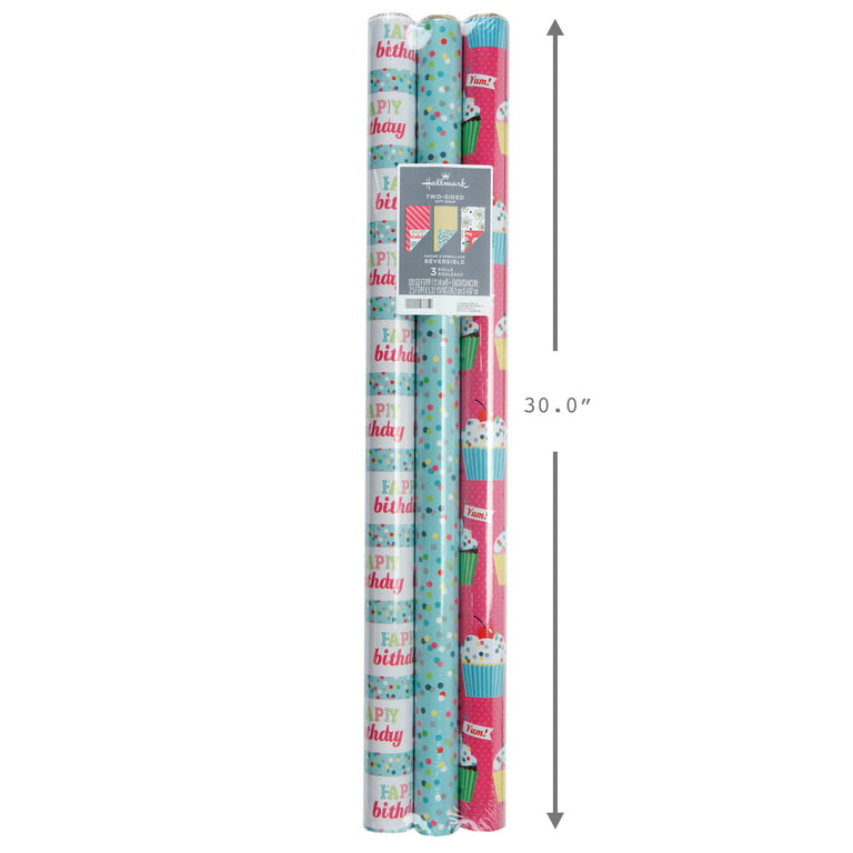 Hallmark All Occasion Reversible Wrapping Paper Bundle - Happy Birthday (3  Rolls - 75 sq. ft. ttl) Cupcakes, Stripes, Flowers, Polka Dots 