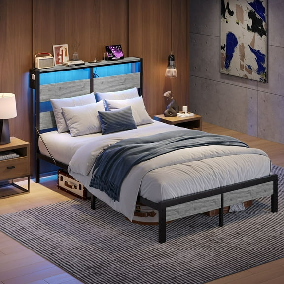 Bestier Full Size Platform Bed Frame with Storage Headboard, LED Lights & USB Charging Station, Metal Bed Frame Gray