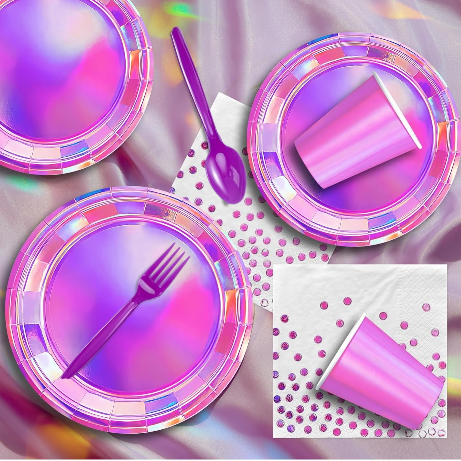 141 Iridescent Pink Party Supplies Decorations, Hot Pink Holographic Paper Plates and Napkins Set, Disposable Tableware Set for Mermaid Disco Birthday Girls Party