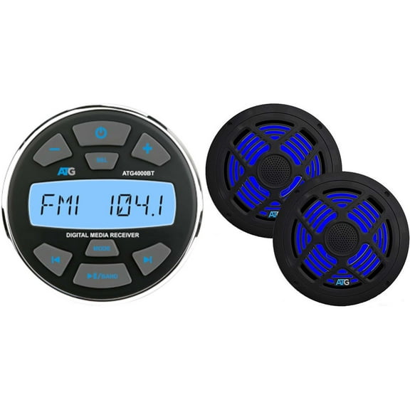 ATG Marine Audio Bundle Gauge Mount Radio with Bluetooth and 6.5" Black Marine RGB LED Speakers