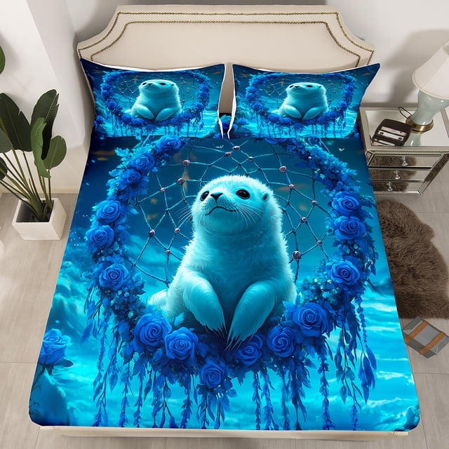Drap-Housse Attrape-Rêves, Draps de Lit Plumes Roses Bleues Simple, Ensemble de Literie Animaux Marins Nautiques, Décor Bohème Exotique (Sans Drap Plat)