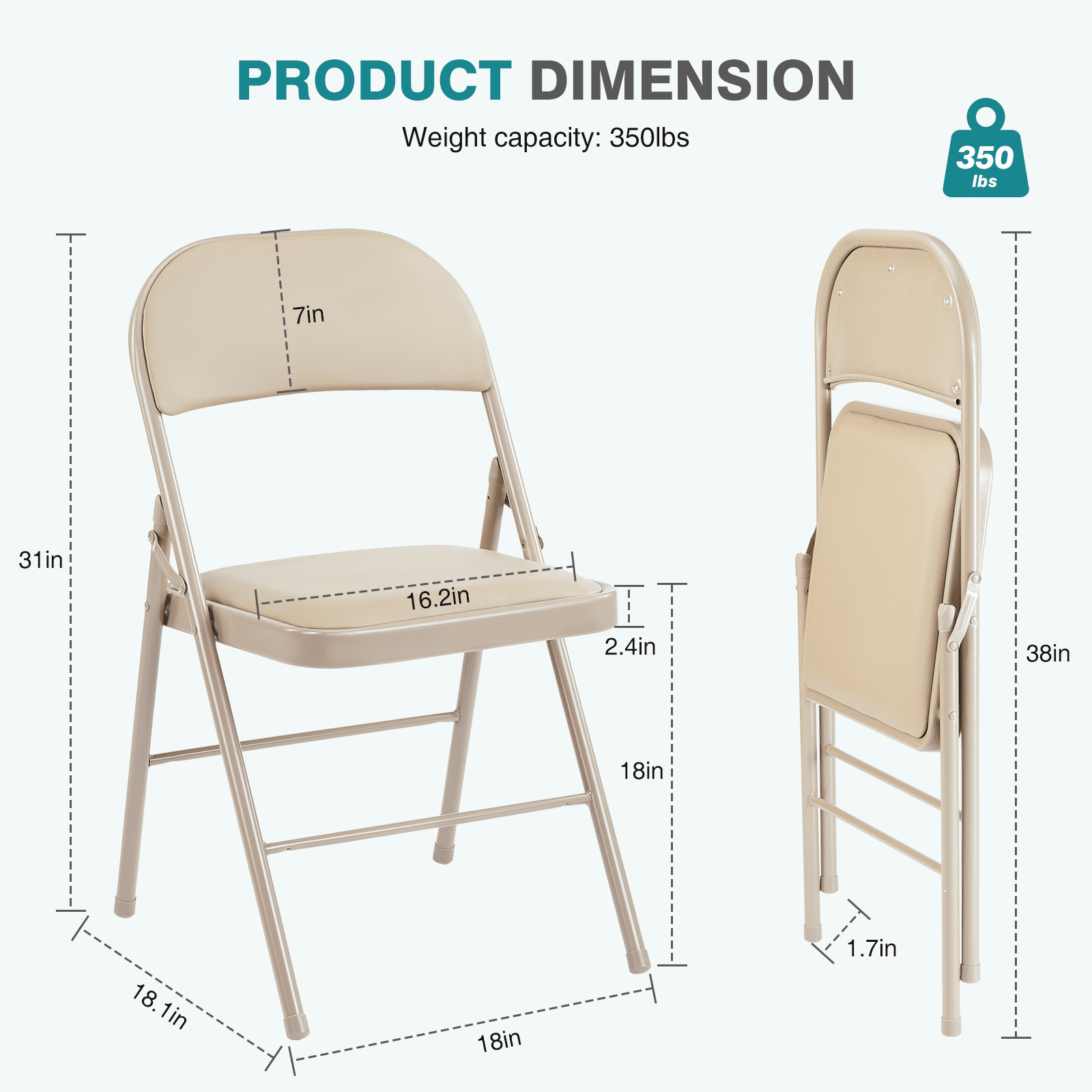MAYEERTY 4 Pack Folding Chair with Sturdy Metal Frame, Leather Padded Folding Chairs, Water-Resistant, Khaki