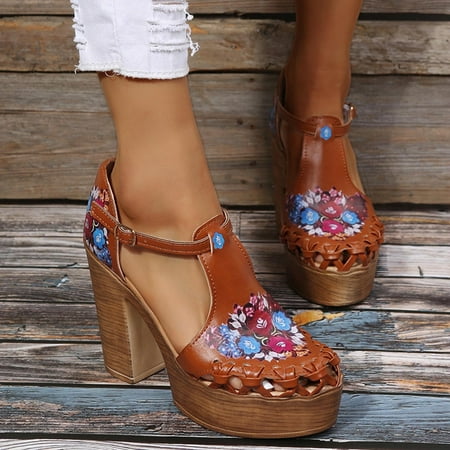 

Yoslce Womens Shoes Summer New Retro Floral Hollow High-Heeled Chunky-Heeled Waterproof Sandals