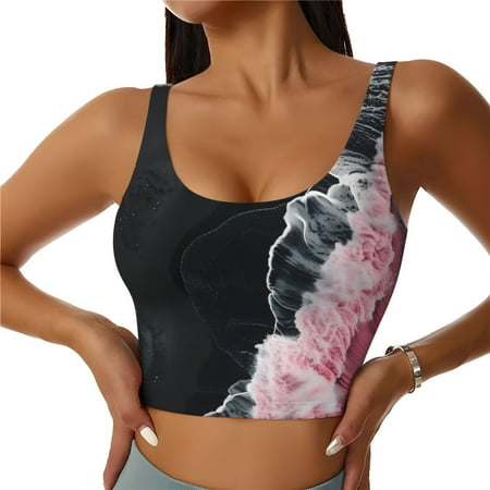 Sports Bras for Women - Pink White Ocean Waves Seamless Yoga Bra Workout Crop Top with Removable Pads