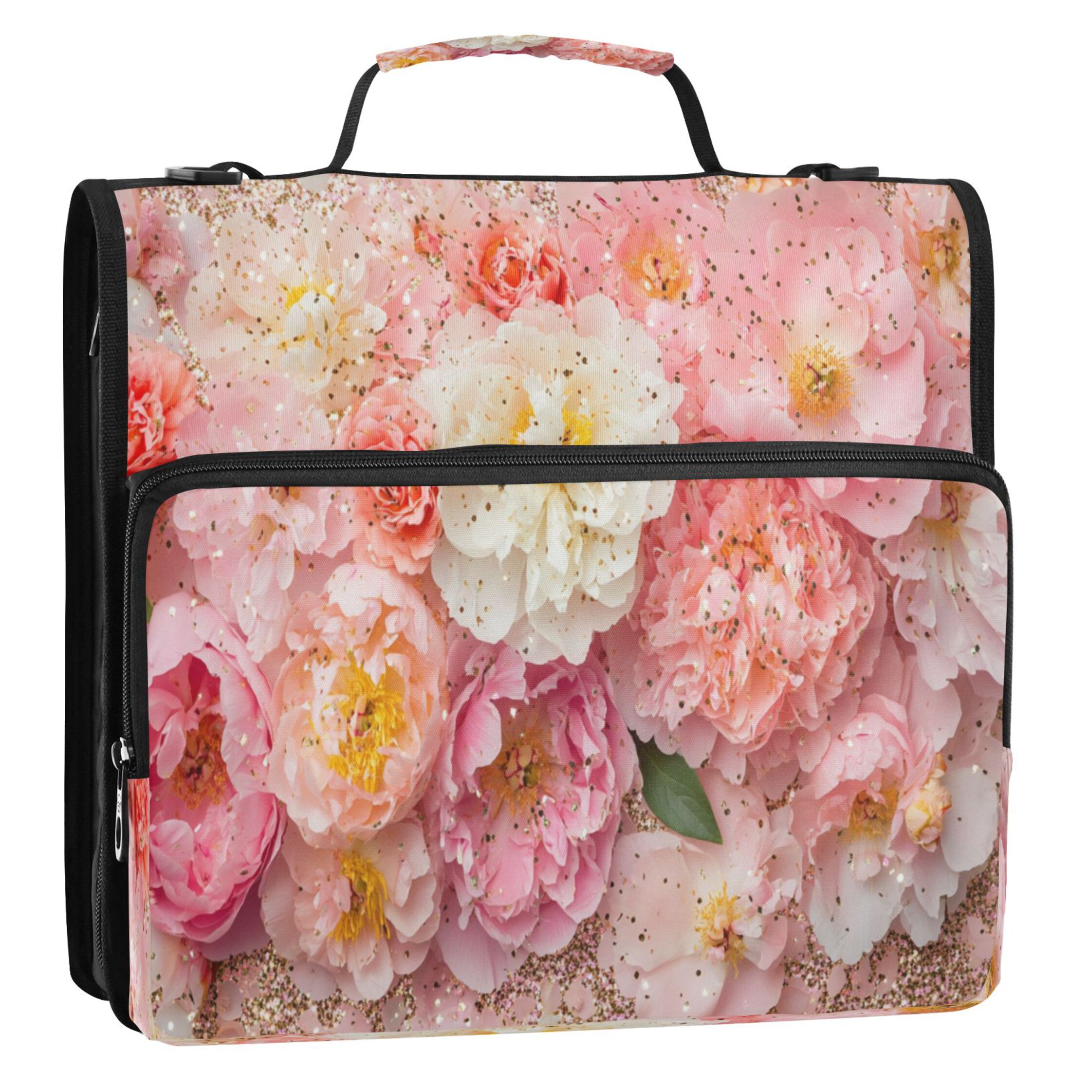 YAZAOO Zipper Binder trapper keeper Documents Organized Design Pink and White Flowers Glitter Printed