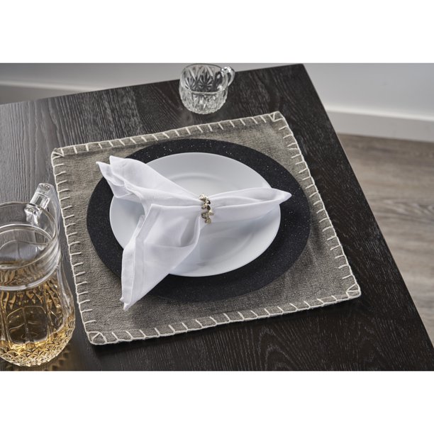 LR Home Solid Gray Embroidered Edge 15 inch Square Placemats ( Combo Set of 4 )