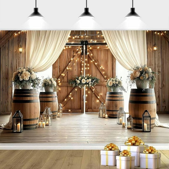 Wedding Rustic Barn Door Backdrop Rustic Country Western Bridal Shower Photography Background White Floral Farmhouse Cabin Wooden Anniversary Party Decorations Banner Supplies Photo Booth Props