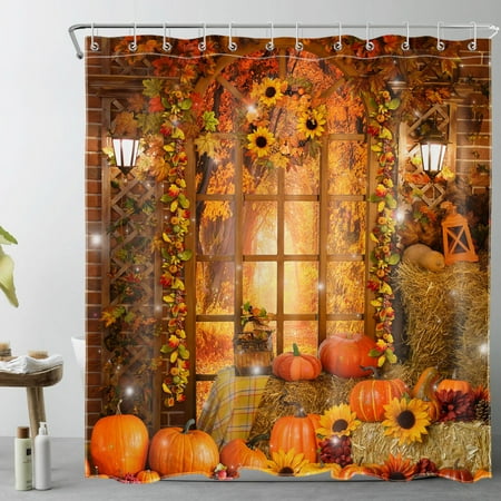 Fall Harvest Pumpkin Shower Curtain for Bathroom Yellow Sunflower and Autumn Maple Leaves in Farmhouse Barn Bathroom Shower Curtains with Hooks, Rustic Plant Bathroom Curtains Shower Set 69x70 inch