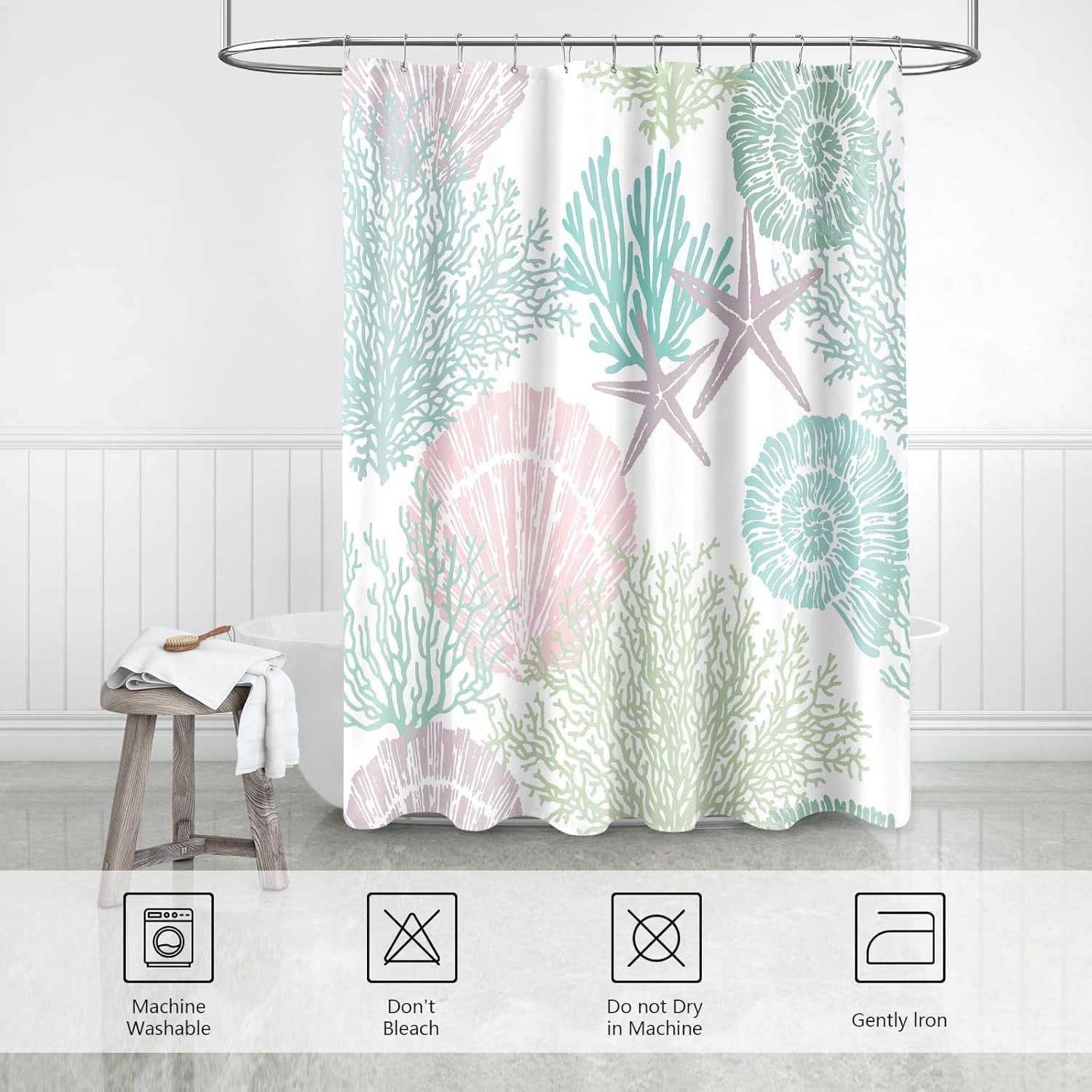 Nautical Coastal Shower Curtain, Pink Green Beach Ocean Theme Shower Curtain for Bathroom Decor, Summer Tropical Seashell Starfish Coral Fabric Shower Curtain Set with Hooks, 72x72