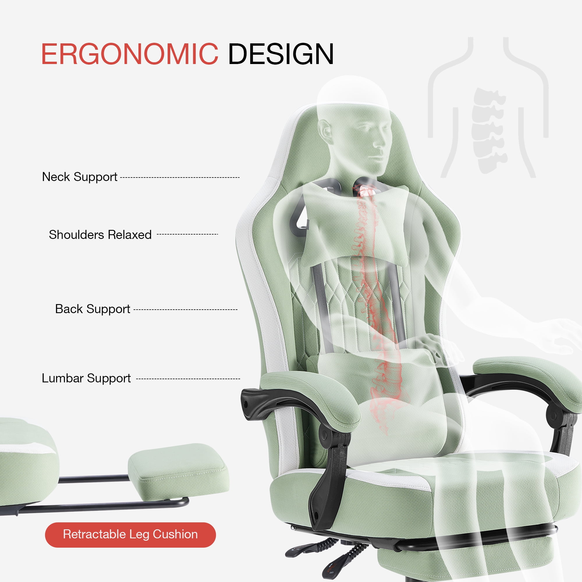 MCQ Computer Gaming Task Chair, High Back Ergonomic with Linkage Armrests, Footrest and Lumbar Support, 360° Swivel Wheels, Green
