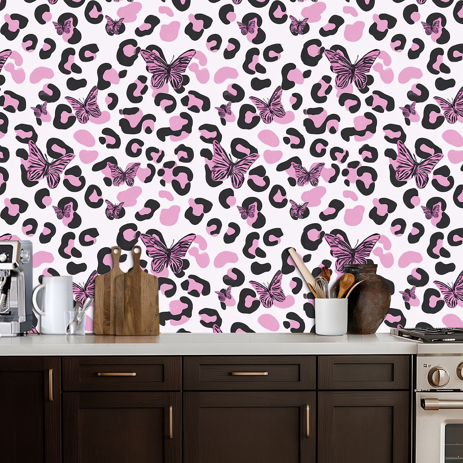 Peel and Stick Wallpaper Pink Black Leopard Print Pink Butterflies Botanical Wall Mural 17.7in x 9.8ft Self Adhesive Removable Wall Paper Renter Friendly Wallpaper for Nursery Bedroom Cabinets