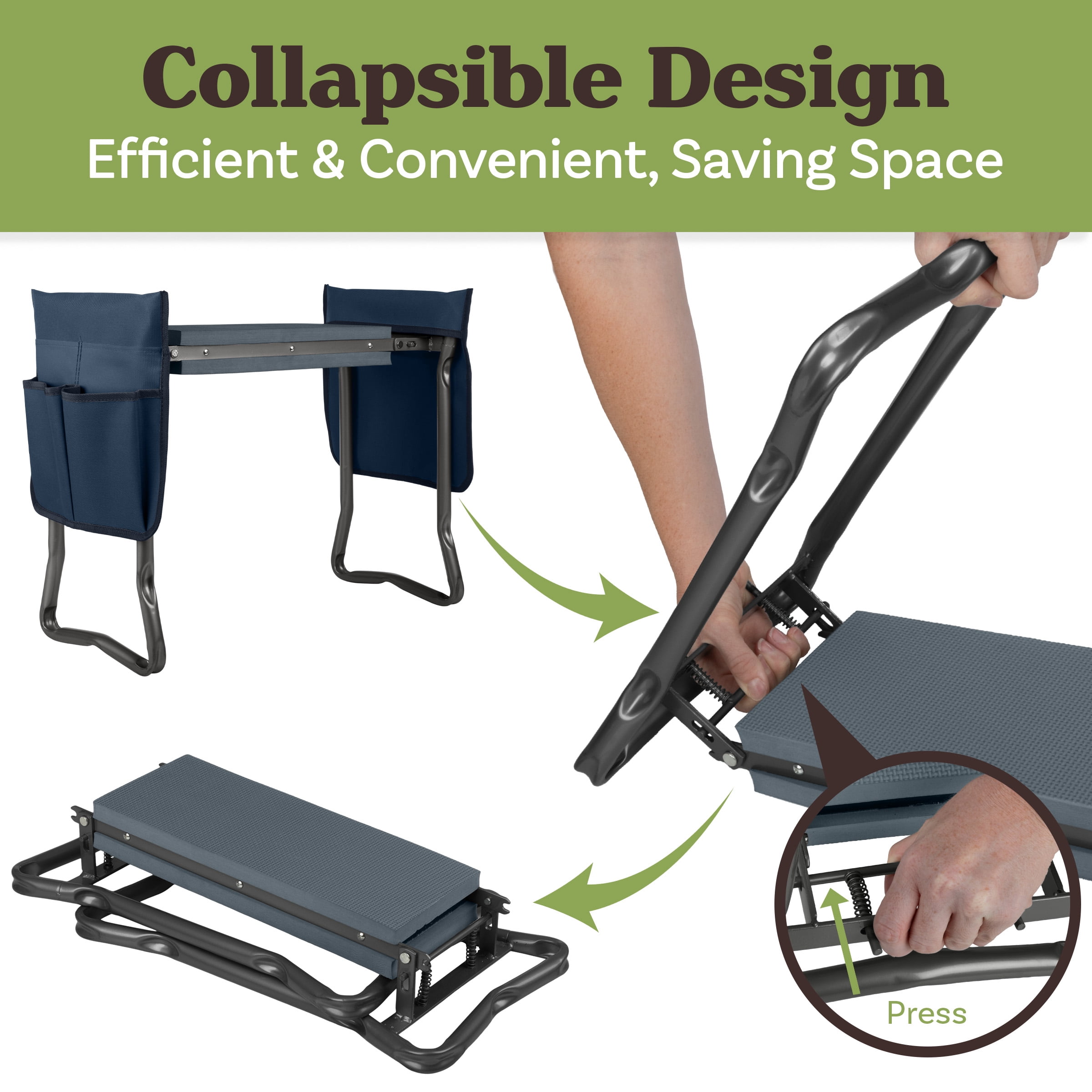 Pure Garden 2-in-1 Garden Kneeler & Stool – Folding Bench with EVA Pad & Tool Pouches, Navy Blue
