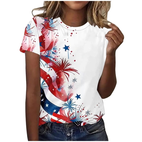 Cavosen Summer Tops Short Sleeve Crew Neck Dressy Patriotic Tee Red White and Blue Graphic Shirt Basic Tops