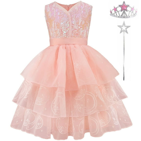 Pink Witch Costume for Girls with Crown Wand,Halloween Costume for Kids Good Witch Dress Up