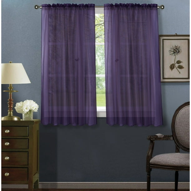 2pc Purple Solid Sheer Voile Window Curtain Set, Two (2) Rod Pocket