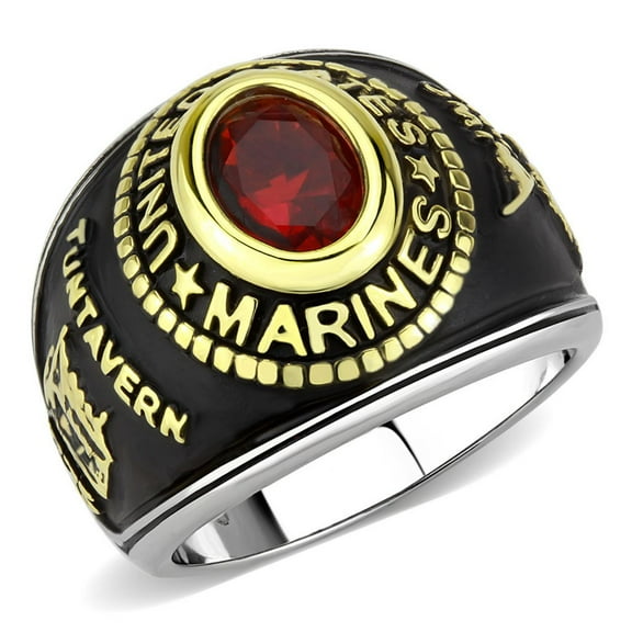 Luxe Jewelry Designs Unisex Two-Tone Gold IP Stainless Steel Ring with Synthetic Red Glass Stone -
