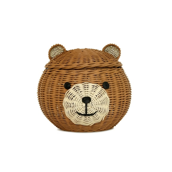 Bear Head Rattan Storage Basket with Lid Decorative Home Decor Hand Woven Shelf Organizer Cute Handmade Handcrafted Gift Art Decoration Artwork Wicker