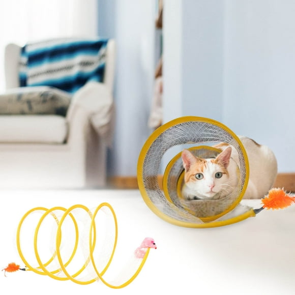 S-Shaped Foldable Mesh Tunnel Toy for Pets with Steel Wire Frame, Interactive Sisal Ball, and Feather Mouse, Durable Scratch-Resistant Design, 19.68 Inches, Great for Cats, Rabbits,