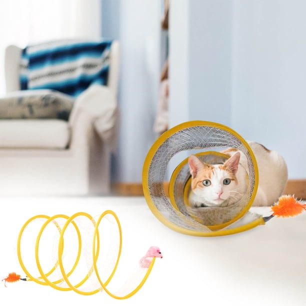 Túnel para gatos Juguete Canal de malla en forma de S | Túnel interactivo plegable para gatos, conejos, perros pequeños | Bola de sisal de ratón de plumas | Resistente a los arañazos | 50cm de