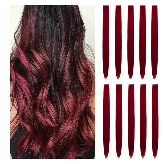 WEIF-Hair Extension Clips 10pcs in Wine Red 20 Inch Straight Hair Synthetic Fiber Hairpieces for Party